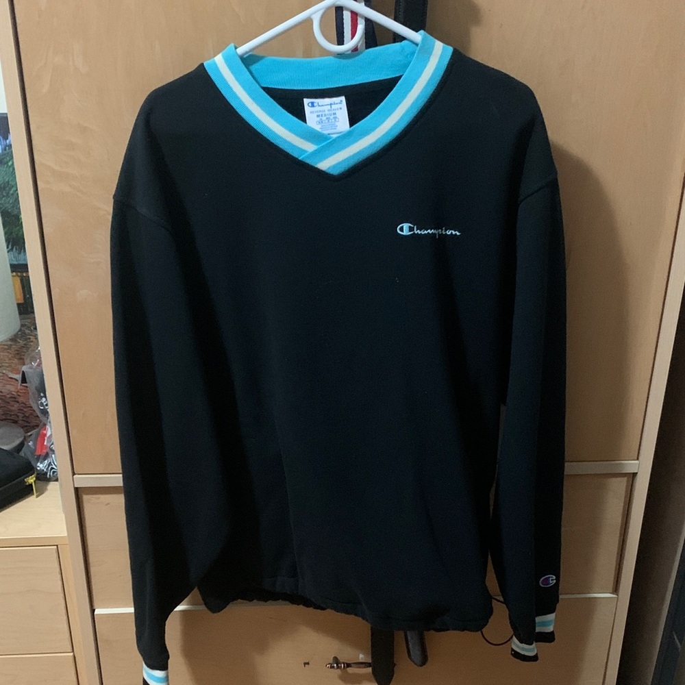 Champion Black V-Neck Sweater with Blue Accents